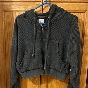 BDG Charcoal Waffle-Knit Cropped Zip Hoodie